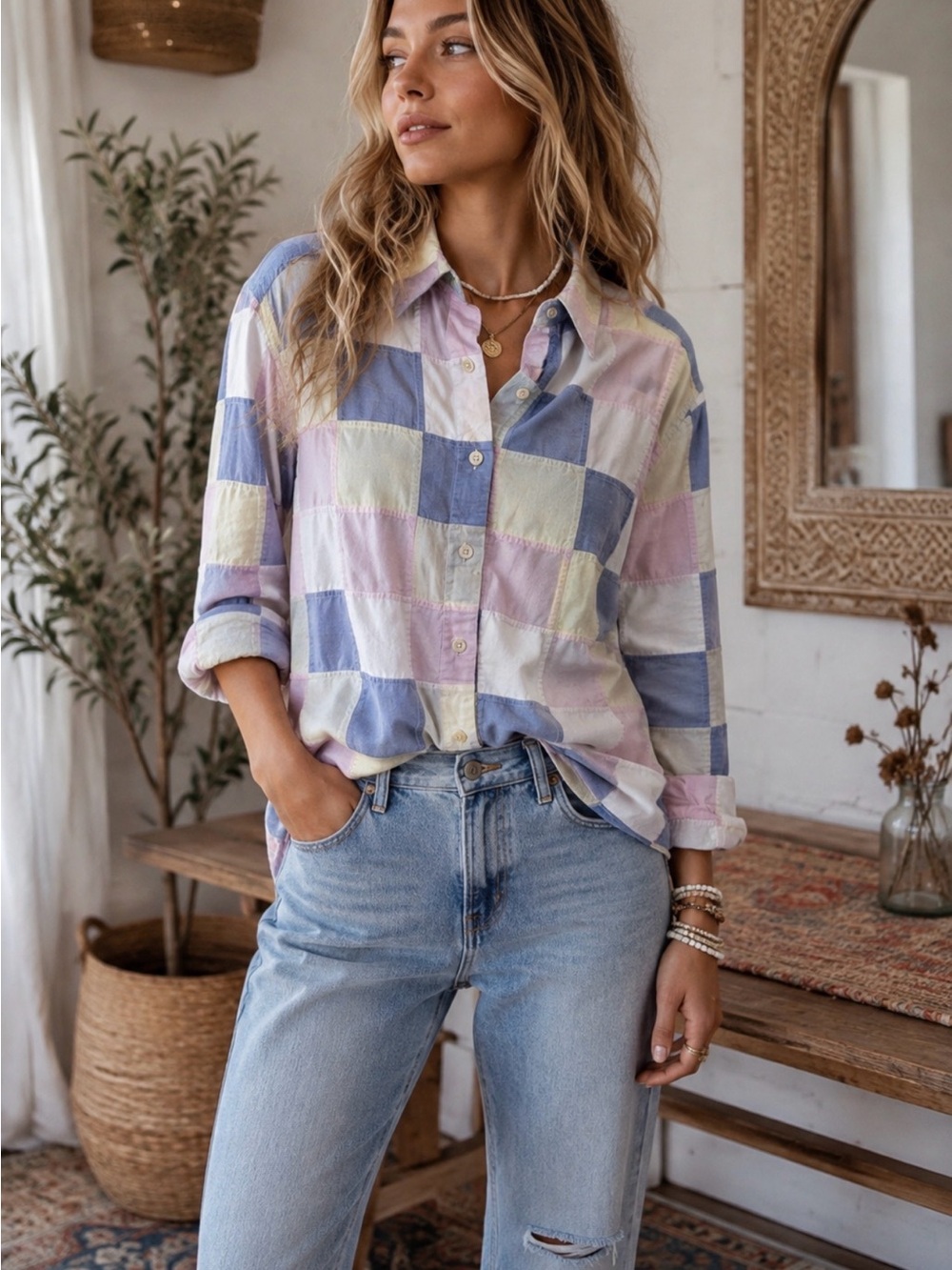 Orvis M Pastel 100% cotton patchwork button-down long sleeve Y2K 90’s VTG top